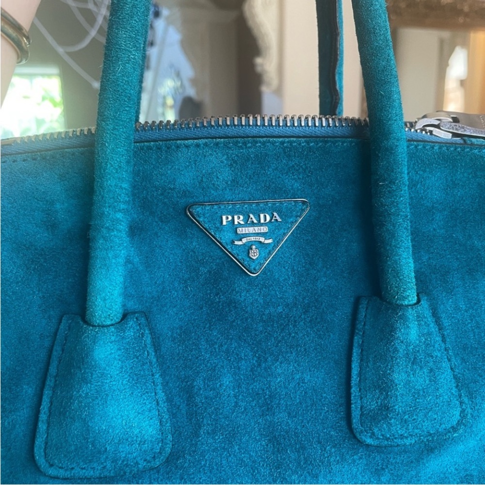 Prada Teal Suede Top-Handle Tote